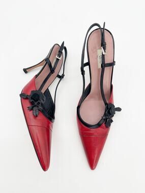 Prada Retro Y2K Red Black Leather Floral Pointed Toe Slingback Heels IT 37.5